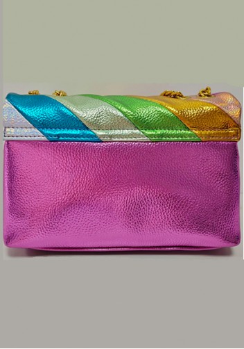 Adele Rainbow Flap Medium Bag Faux Leather Strips Green Eagle