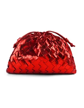 Dina Woven Vegan Leather Clutch Shoulder Bag Metallic Red