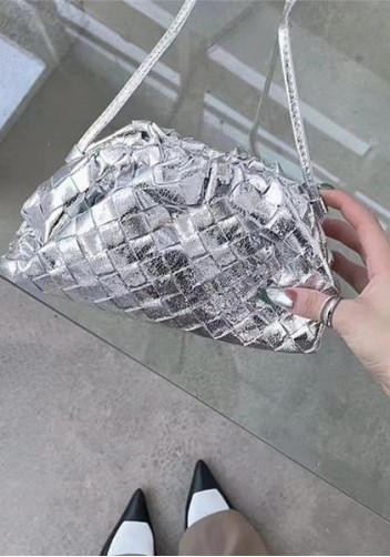 Dina Woven Vegan Leather Clutch Shoulder Bag Metallic Silver