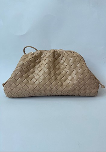 Dina Woven Vegan Leather Large Clutch Shoulder Bag Beige