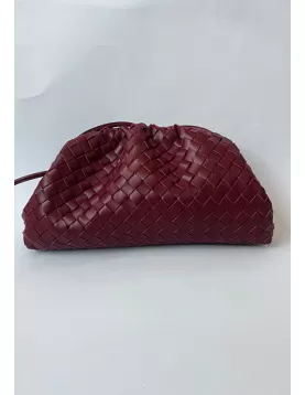 Dina Woven Vegan Leather Large Clutch Shoulder Bag Burgundy