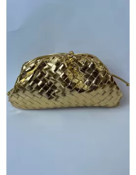 Dina Woven Vegan Leather Large Clutch Shoulder Bag Gold