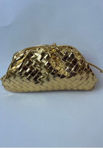 Dina Woven Vegan Leather Large Clutch Shoulder Bag Gold