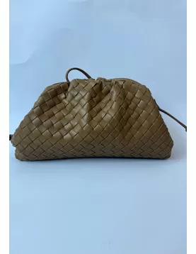 Dina Woven Vegan Leather Large Clutch Shoulder Bag Khaki