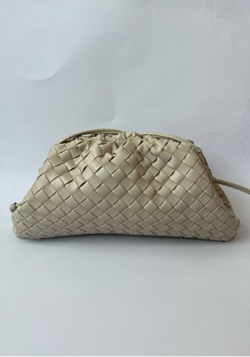 Dina Woven Vegan Leather Large Clutch Shoulder Bag Light Beige