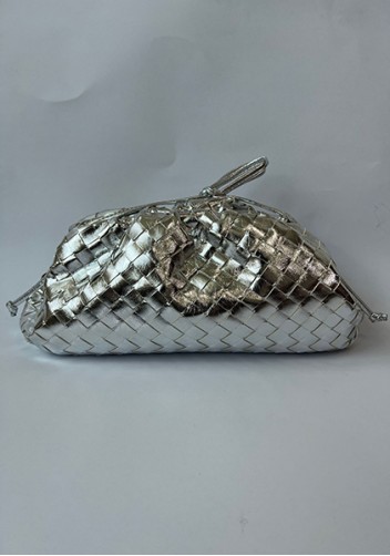 Dina Woven Vegan Leather Large Clutch Shoulder Bag Silver