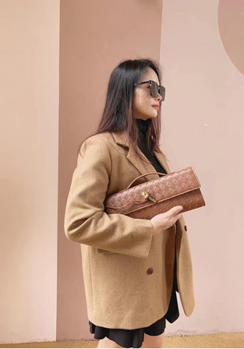 Allegria Woven Long Leather Shoulder Bag Brown