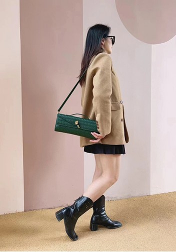 Allegria Woven Long Leather Shoulder Bag Dark Green
