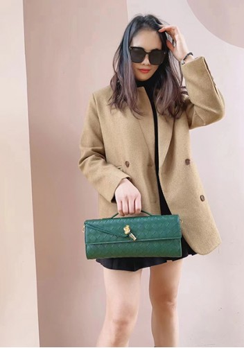 Allegria Woven Long Leather Shoulder Bag Dark Green