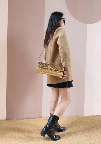 Allegria Woven Long Leather Shoulder Bag Gold
