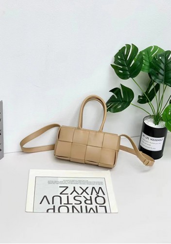Mia Woven Leather 8 Squares Mini Tote Beige