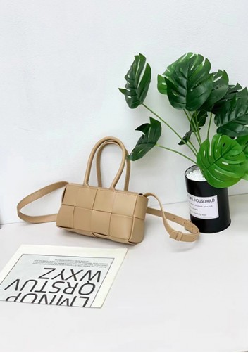 Mia Woven Leather 8 Squares Mini Tote Beige