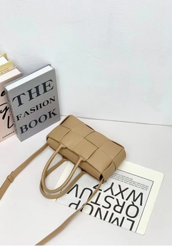 Mia Woven Leather 8 Squares Mini Tote Beige