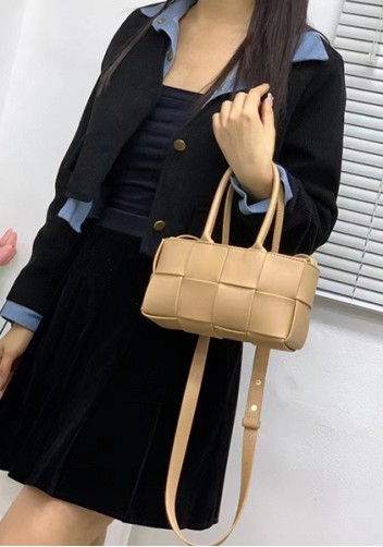 Mia Woven Leather 8 Squares Mini Tote Beige