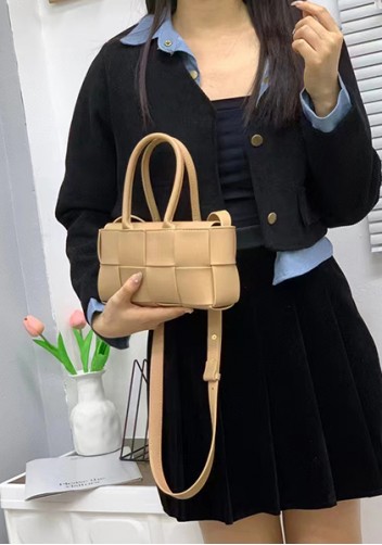 Mia Woven Leather 8 Squares Mini Tote Beige