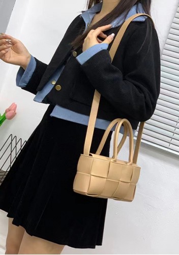 Mia Woven Leather 8 Squares Mini Tote Beige