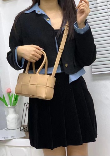 Mia Woven Leather 8 Squares Mini Tote Beige