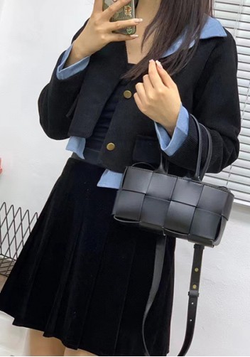 Mia Woven Leather 8 Squares Mini Tote Black