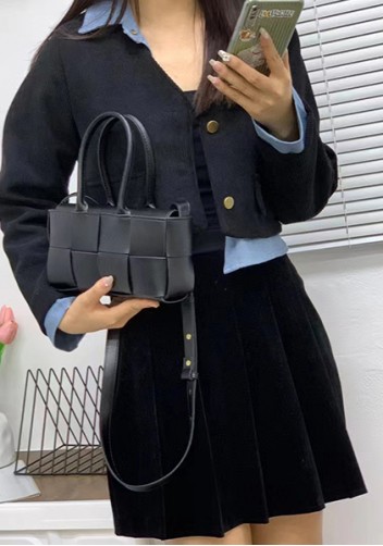 Mia Woven Leather 8 Squares Mini Tote Black