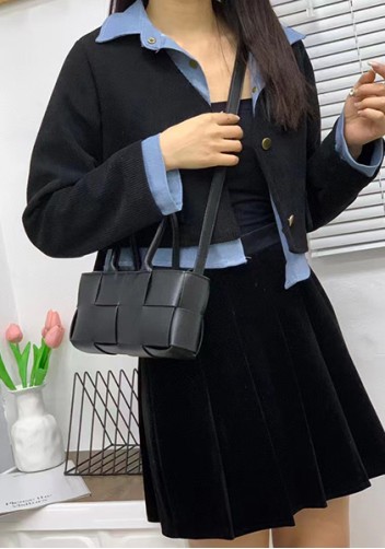 Mia Woven Leather 8 Squares Mini Tote Black