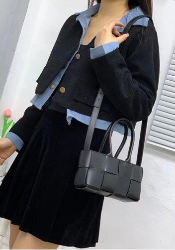 Mia Woven Leather 8 Squares Mini Tote Black