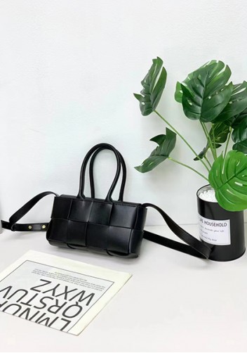 Mia Woven Leather 8 Squares Mini Tote Black