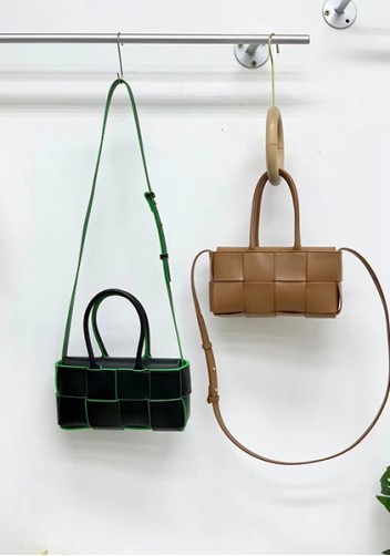Mia Woven Leather 8 Squares Mini Tote Black Green