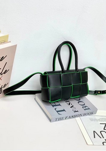 Mia Woven Leather 8 Squares Mini Tote Black Green