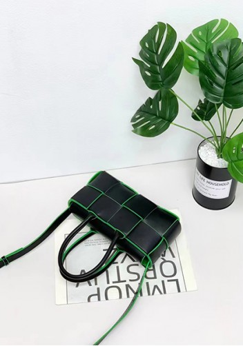 Mia Woven Leather 8 Squares Mini Tote Black Green