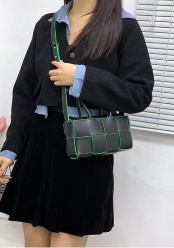 Mia Woven Leather 8 Squares Mini Tote Black Green