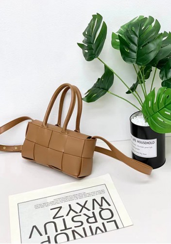 Mia Woven Leather 8 Squares Mini Tote Camel