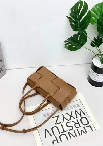 Mia Woven Leather 8 Squares Mini Tote Camel