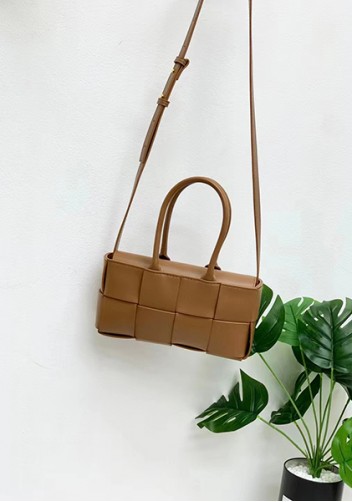 Mia Woven Leather 8 Squares Mini Tote Camel