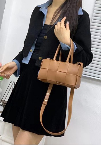 Mia Woven Leather 8 Squares Mini Tote Camel