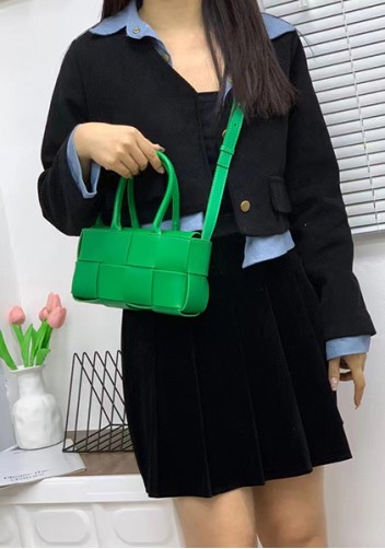 Mia Woven Leather 8 Squares Mini Tote Grass Green