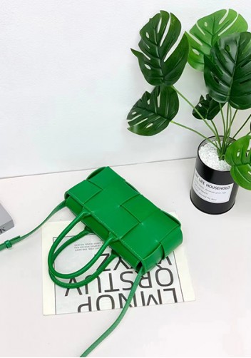 Mia Woven Leather 8 Squares Mini Tote Grass Green