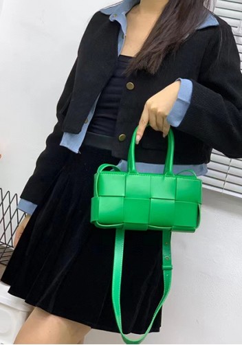 Mia Woven Leather 8 Squares Mini Tote Grass Green