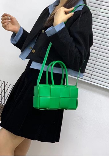 Mia Woven Leather 8 Squares Mini Tote Grass Green