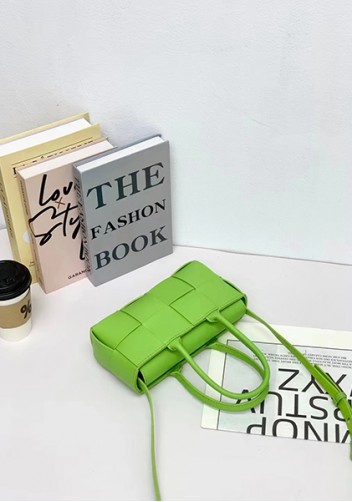 Mia Woven Leather 8 Squares Mini Tote Green