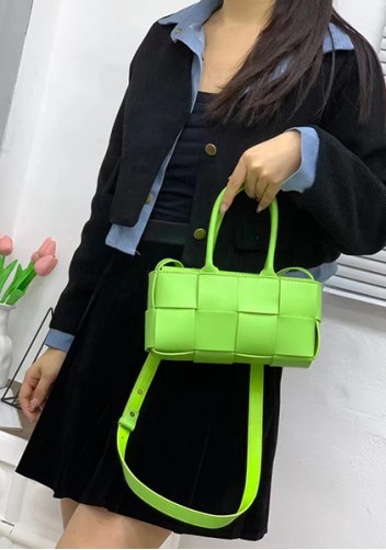 Mia Woven Leather 8 Squares Mini Tote Green