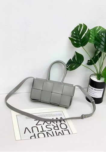Mia Woven Leather 8 Squares Mini Tote Grey
