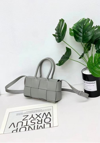 Mia Woven Leather 8 Squares Mini Tote Grey