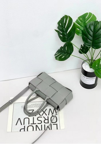 Mia Woven Leather 8 Squares Mini Tote Grey