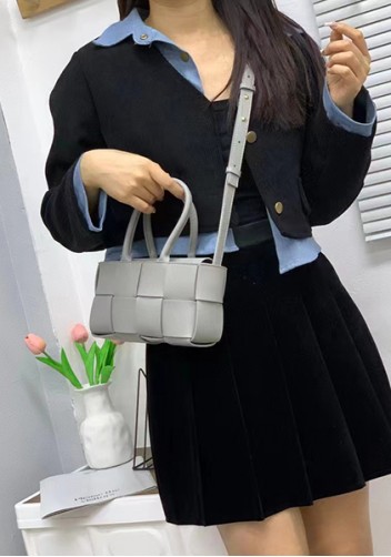 Mia Woven Leather 8 Squares Mini Tote Grey