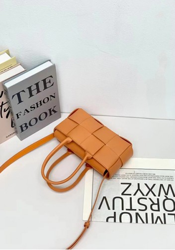 Mia Woven Leather 8 Squares Mini Tote Orange