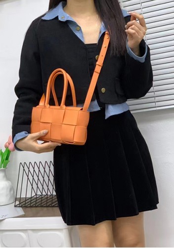 Mia Woven Leather 8 Squares Mini Tote Orange