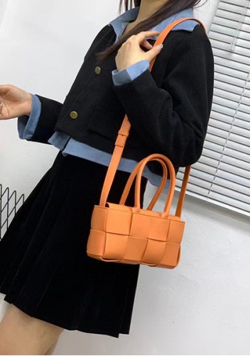 Mia Woven Leather 8 Squares Mini Tote Orange