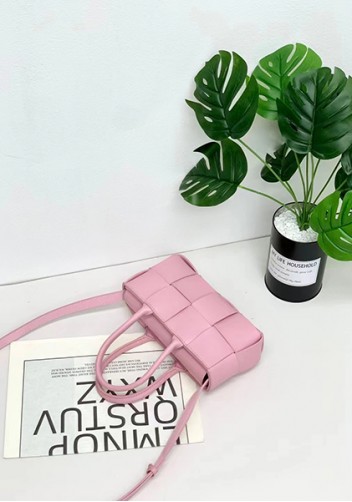 Mia Woven Leather 8 Squares Mini Tote Pink
