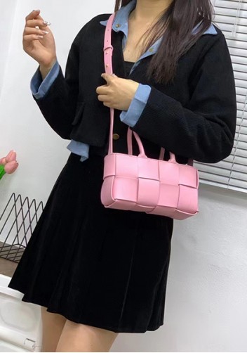 Mia Woven Leather 8 Squares Mini Tote Pink