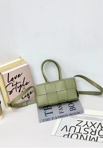 Mia Woven Leather 8 Squares Mini Tote Stone Green